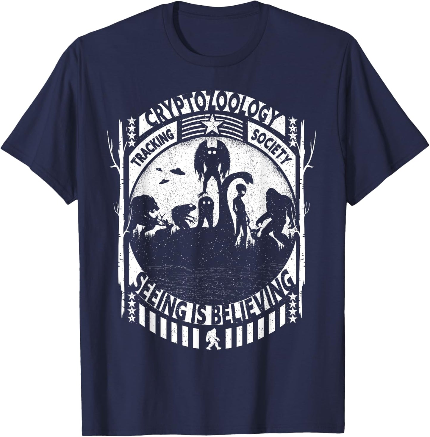Cryptozoology Team Bigfoot Nessie Mothman And Aliens Cryptid T-Shirt - T-Shirt | Navy