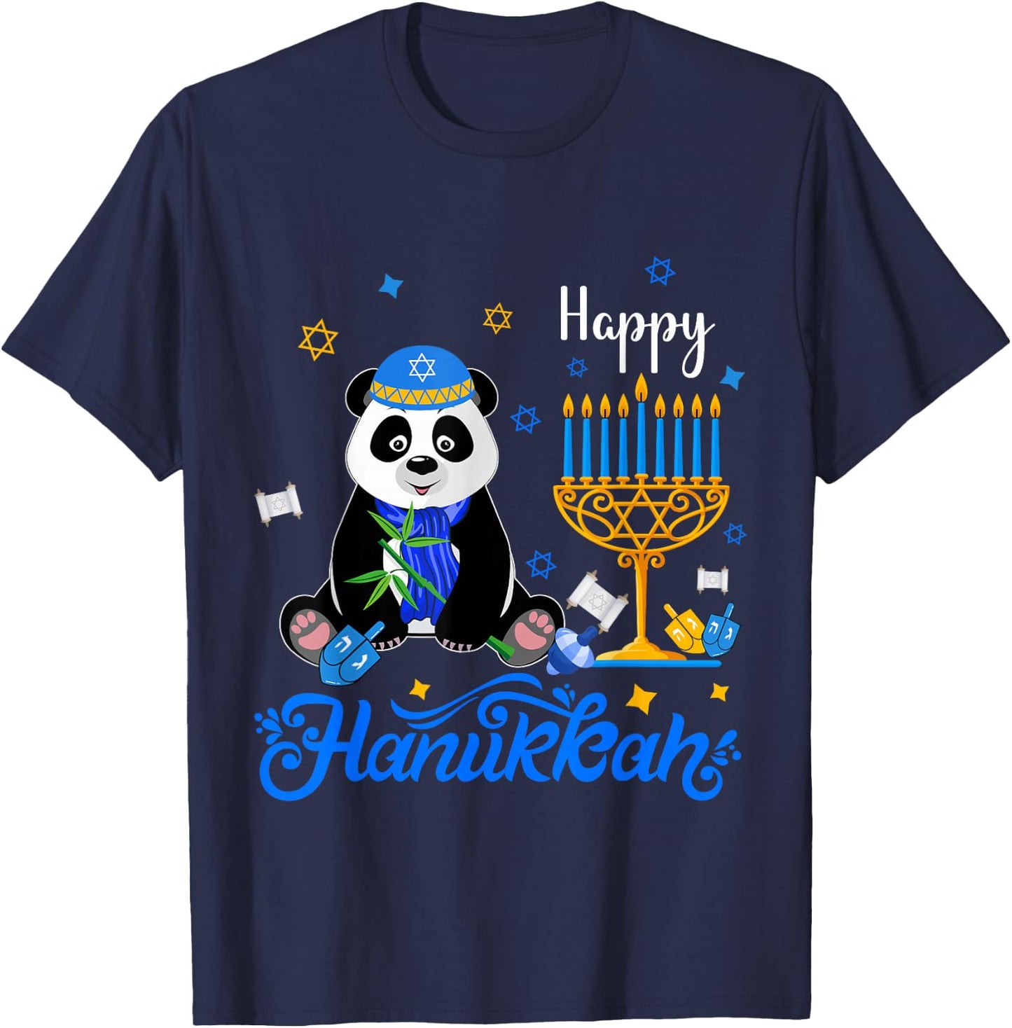 Happy Hanukkah Panda Wearing Jewish Hat Menorah Dreidel T-Shirt - T-Shirt | Navy