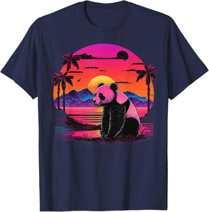 Vintage Retrowave Synthwave 80s Vaporwave Panda T-Shirt - T-Shirt | Navy