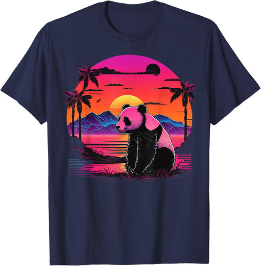 Vintage Retrowave Synthwave 80s Vaporwave Panda T-Shirt - T-Shirt | Navy