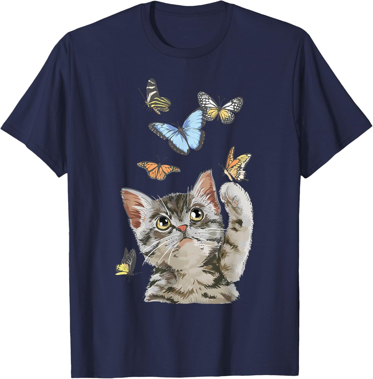 cute Kitty cat playing butterflies for lover cats kitten T-Shirt - T-Shirt | Navy