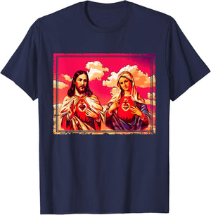 Sacred Heart and Immaculate Heart Picture Jesus and Mary T-Shirt - T-Shirt | Navy