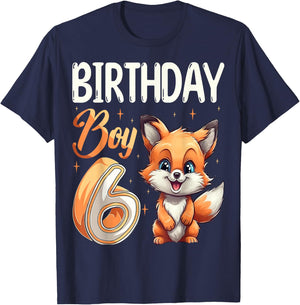 6th Birthday Fox Animal Lovers boy Fox B-day 6 year old T-Shirt - T-Shirt | Navy