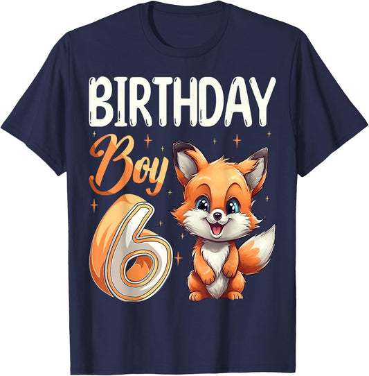 6th Birthday Fox Animal Lovers boy Fox B-day 6 year old T-Shirt - T-Shirt | Navy