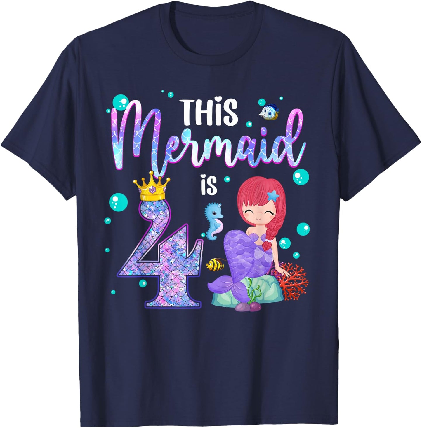 Girls 4th Birthday This Mermaid is 4 Years Old Mermaid Kids T-Shirt - T-Shirt | Navy