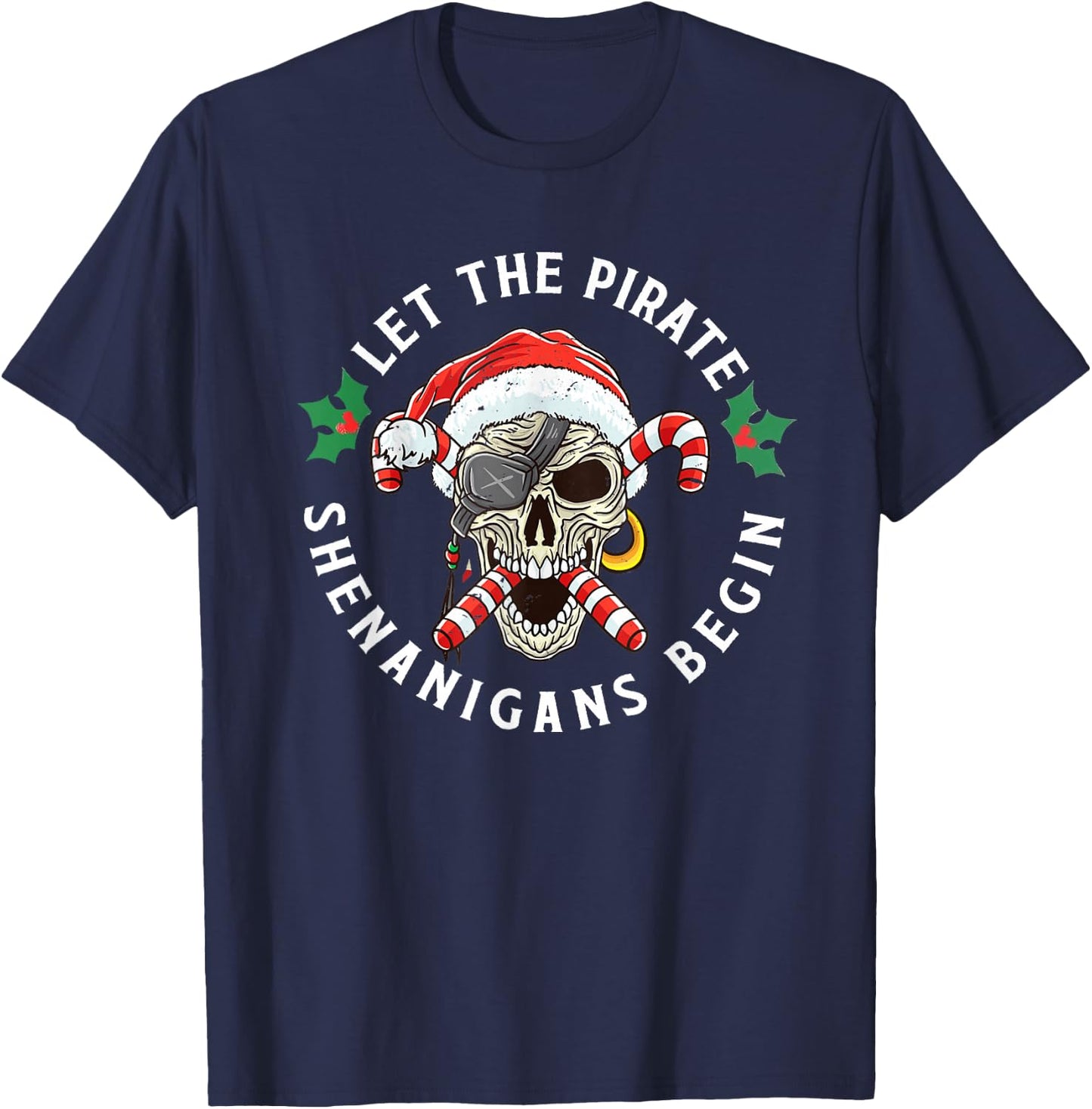 Skeleton Skull Santa Pirate Candy Cane Christmas Jolly Roger T-Shirt - T-Shirt | Navy