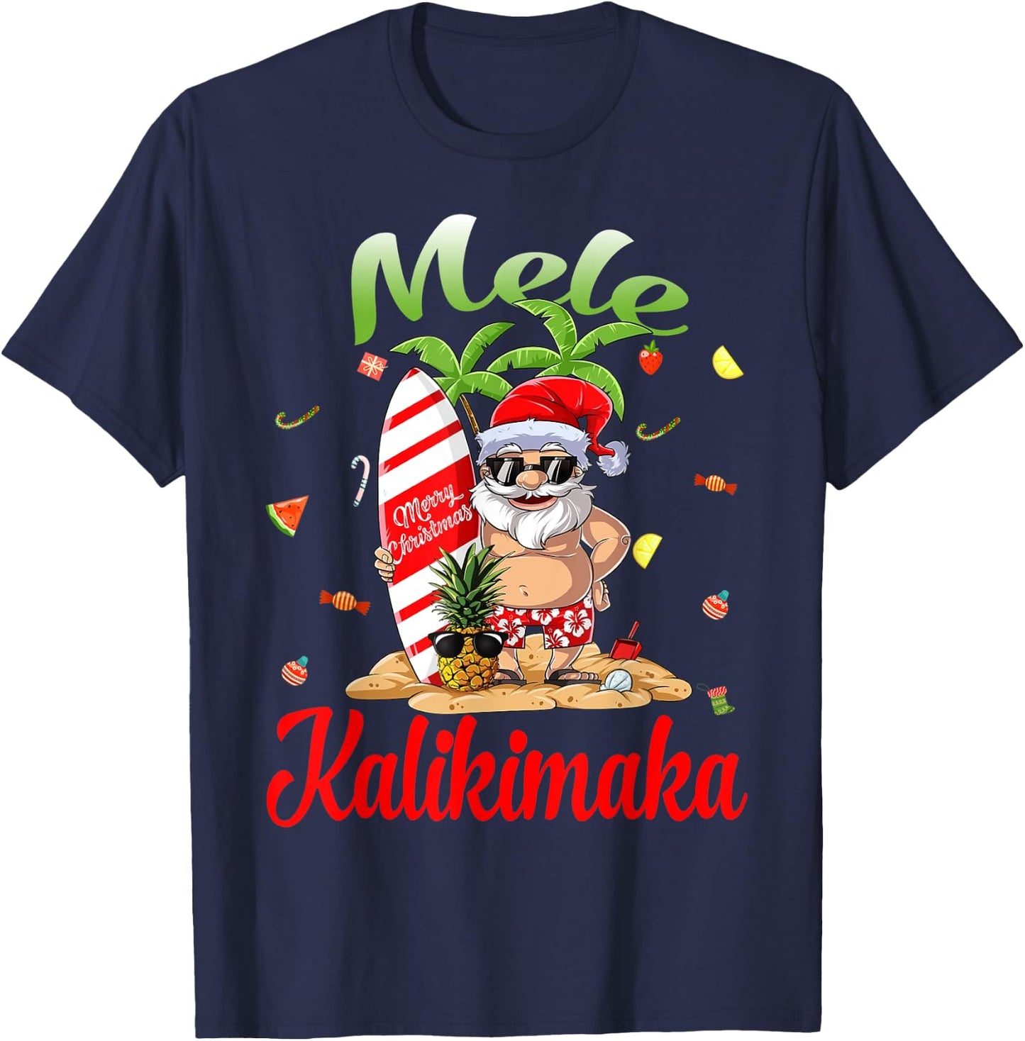 Mele Kalikimaka Christmas Santa Shaka Hawaii T-Shirt - T-Shirt | Navy