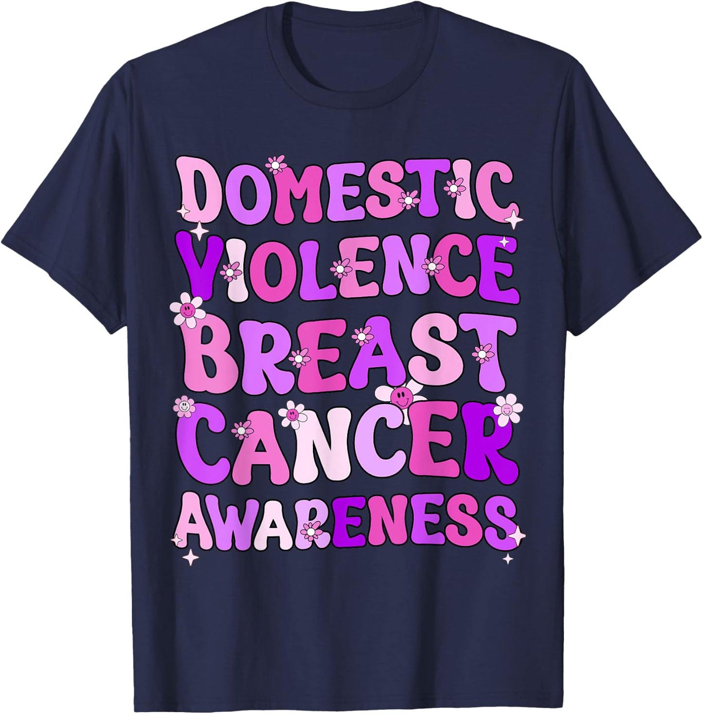 Groovy Domestic Violence And Breast Cancer Awareness Month T-Shirt - T-Shirt | Navy