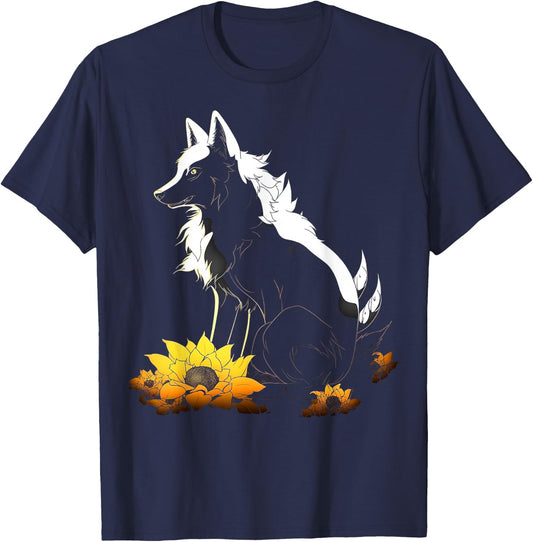 Wolf Lover Artwork | Flowers Animal Motif Wolf T-Shirt - T-Shirt | Navy