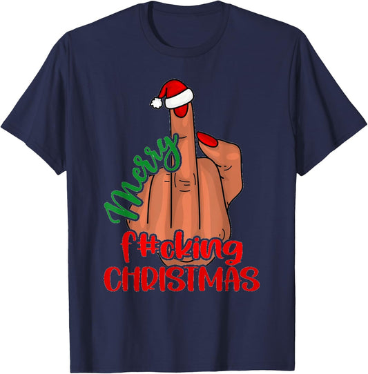 Merry Fucking Christmas Middle Finger Funny Xmas Pajama T-Shirt - T-Shirt | Navy