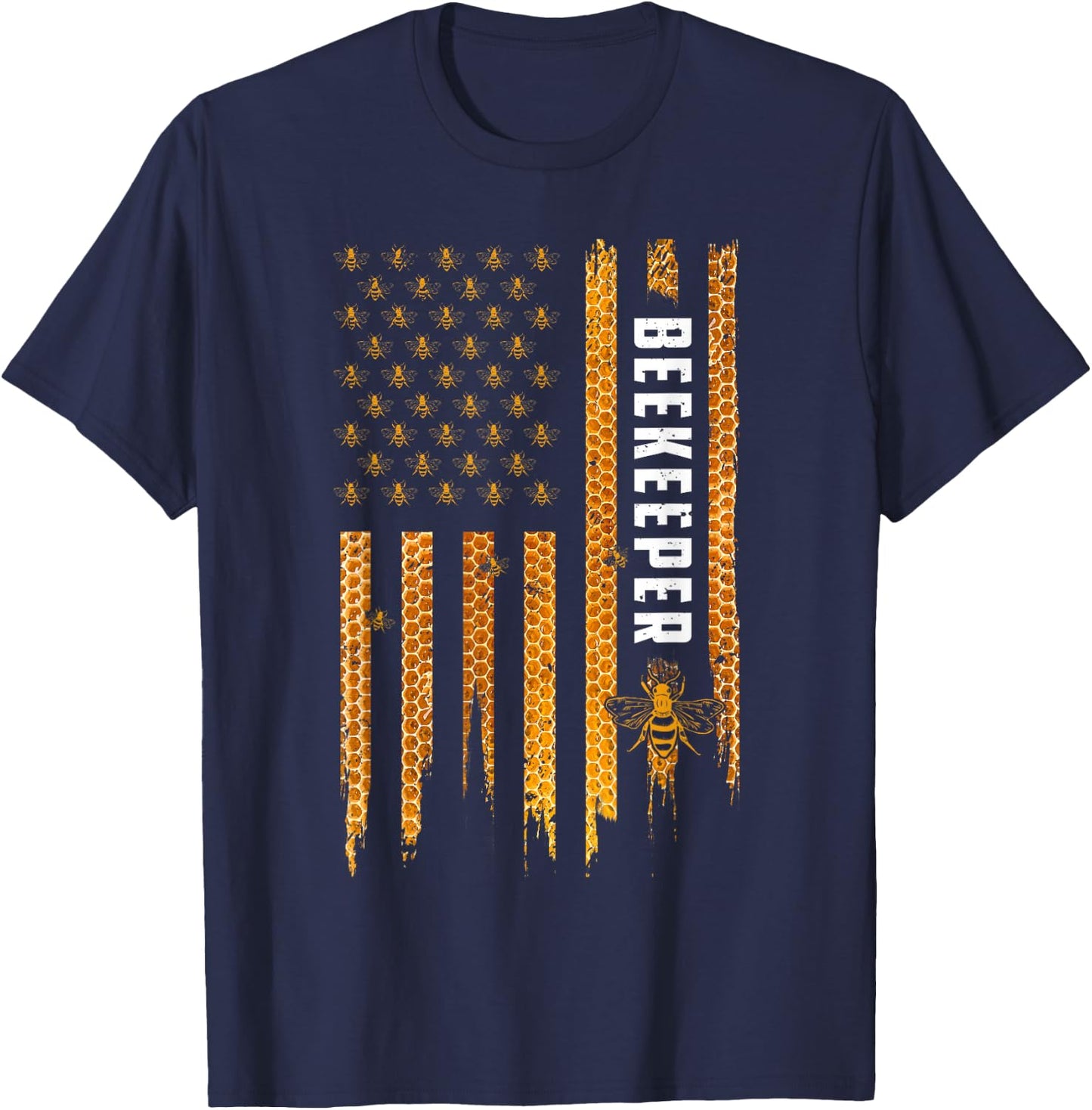 Beekeeping American Flag Honeycomb Honey Bees Beekeeper T-Shirt - T-Shirt | Navy