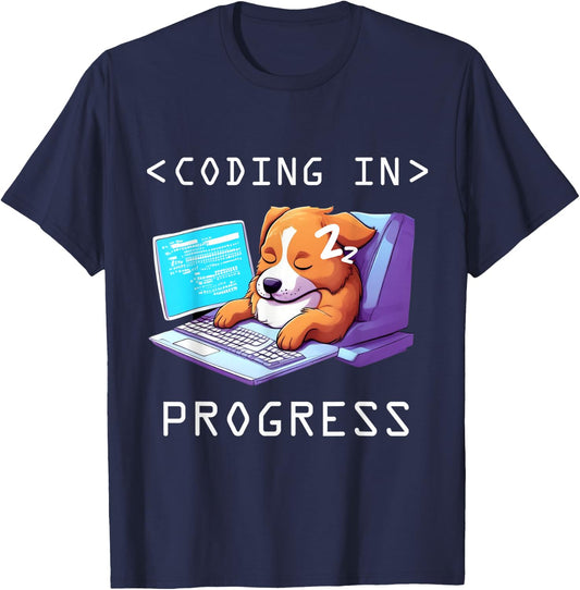 Funny Programming Cute Developer Dog Sleeping Coder Coding T-Shirt - T-Shirt | Navy