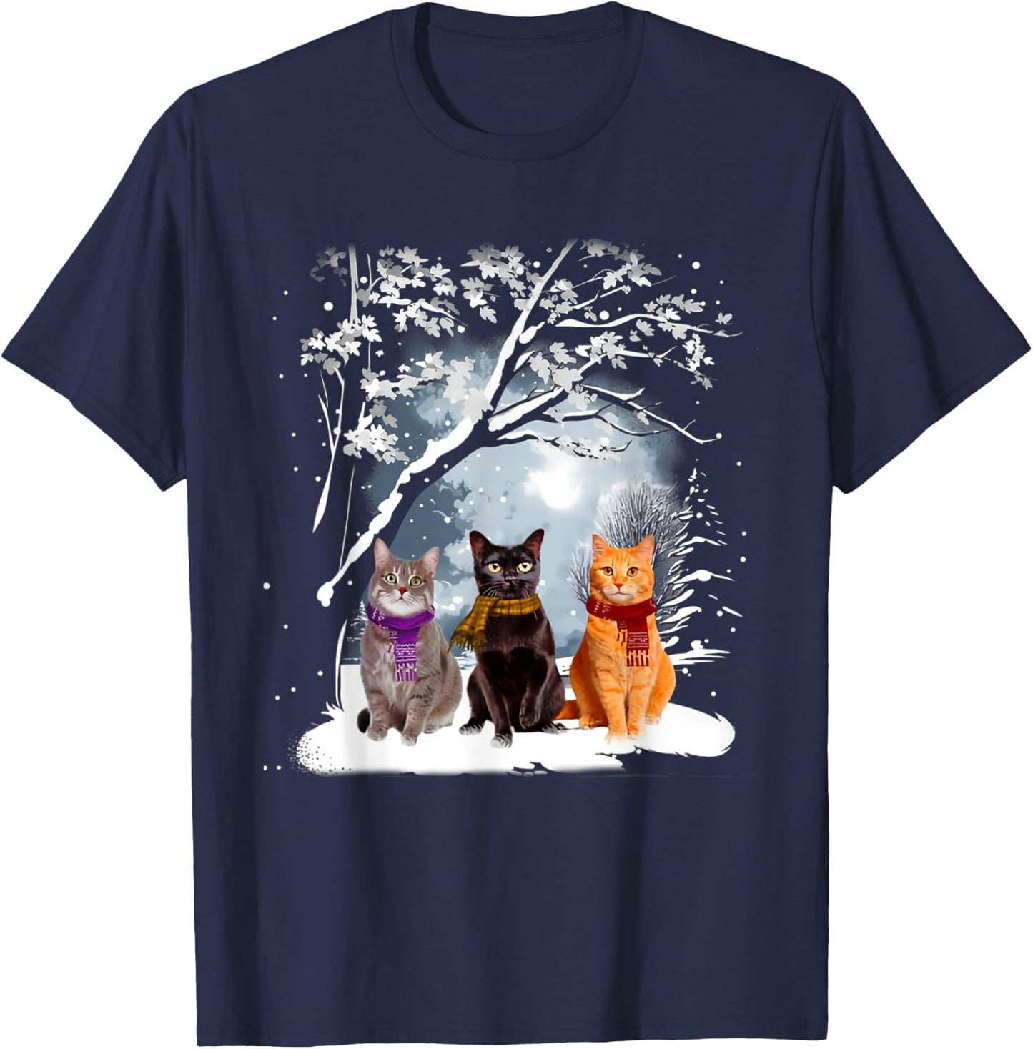 Three Cats Play Snow Winter Funny Cat Lover Merry Christmas T-Shirt - T-Shirt | Navy