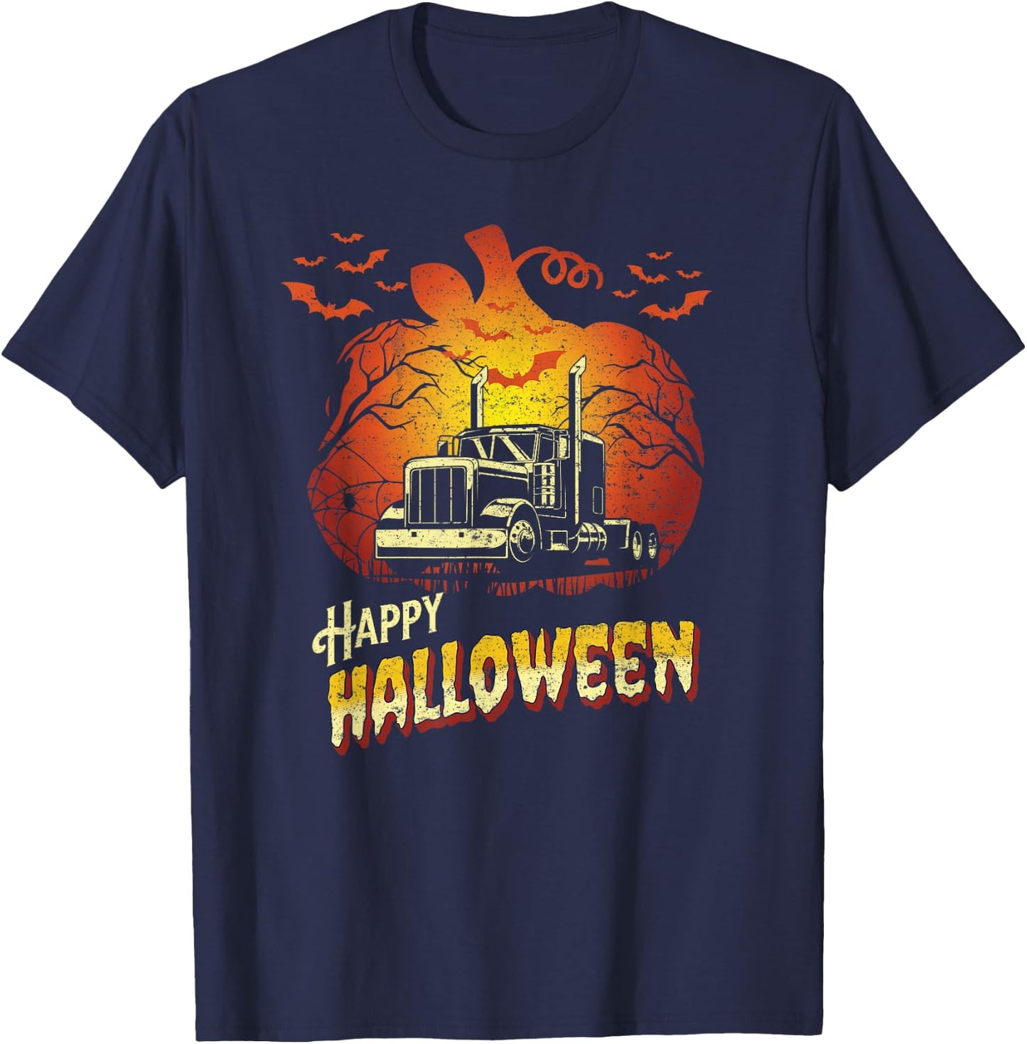 Semi Truck Silhouette Happy Halloween Truck Driver Trucker T-Shirt - T-Shirt | Navy