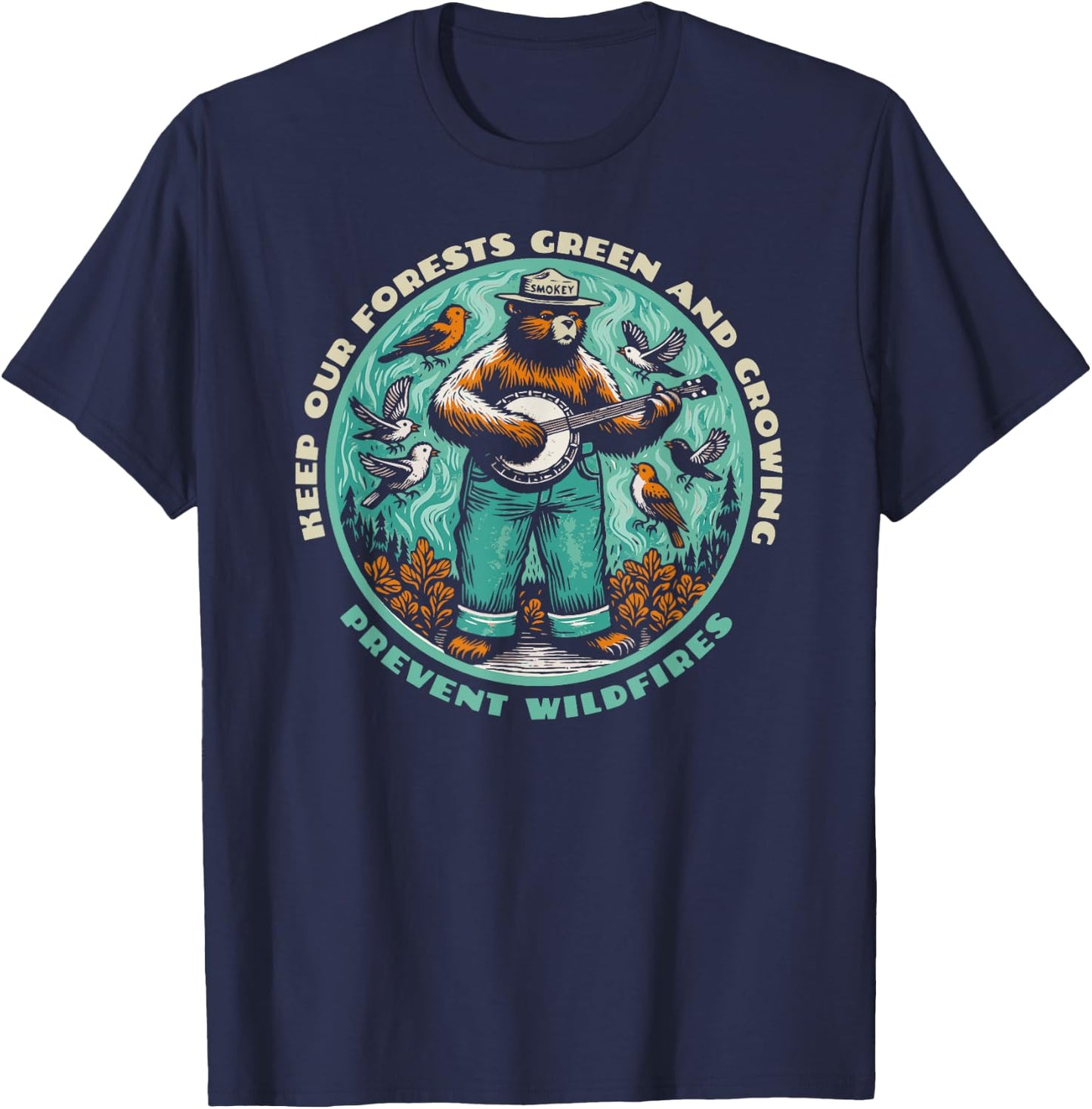 Prevent Wildfires Smokey Bear, Banjo & Birds T-Shirt - T-Shirt | Navy