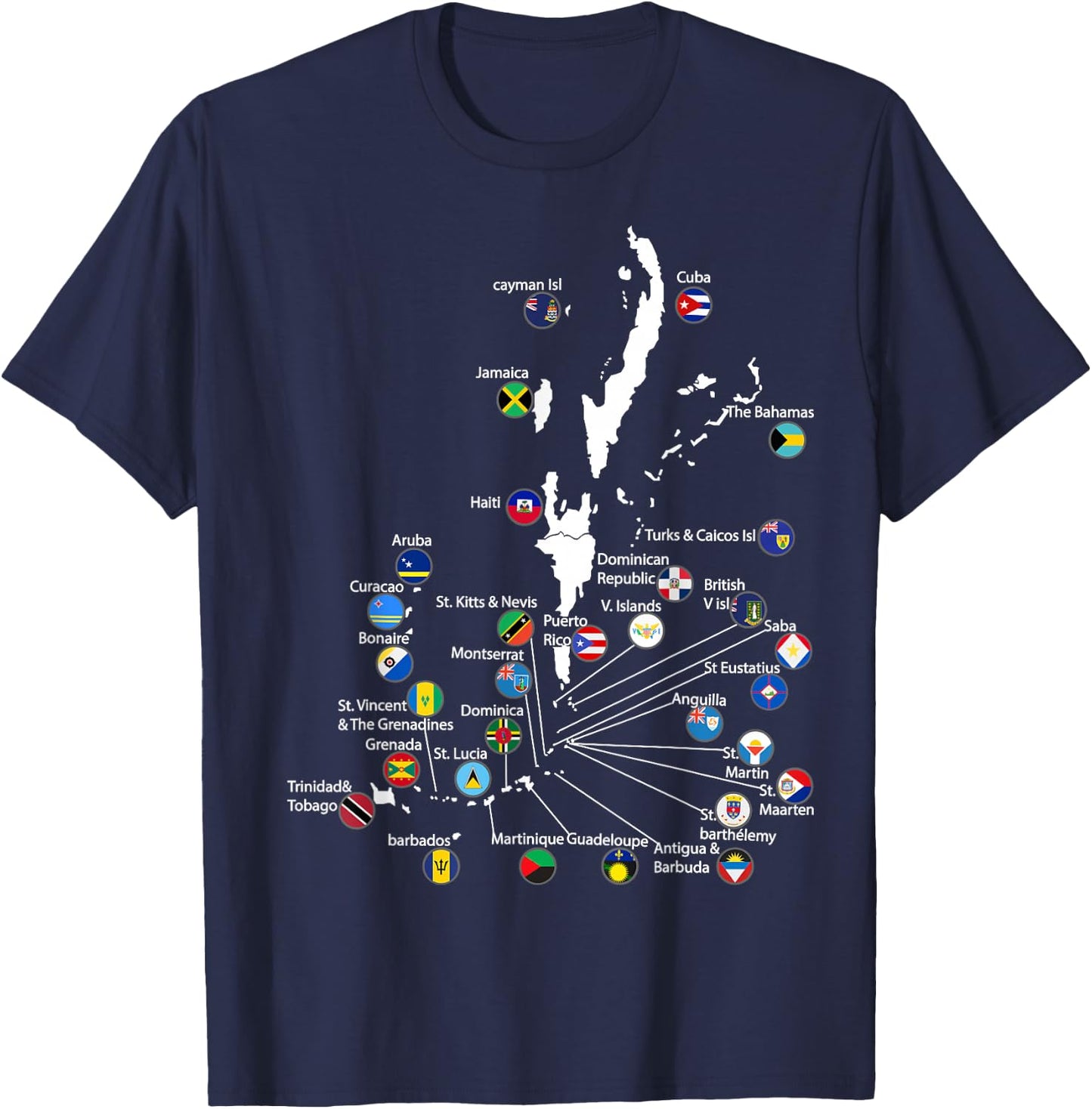 Caribbean islands Flags & map, Caribbean sea vacations T-Shirt - T-Shirt | Navy