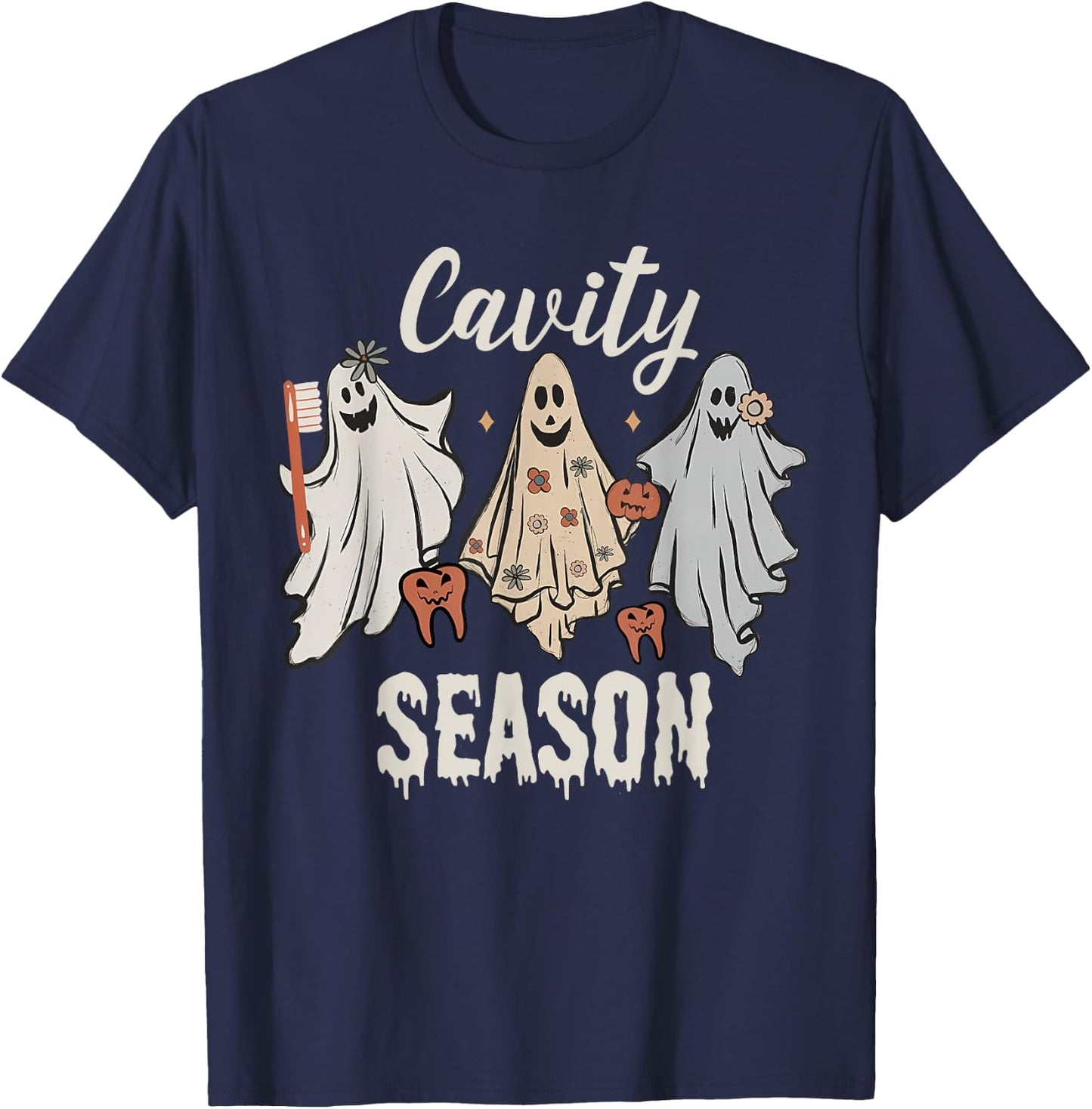 Cavity Season Halloween Funny Dental Ghosts And Toothbrush T-Shirt - T-Shirt | Navy