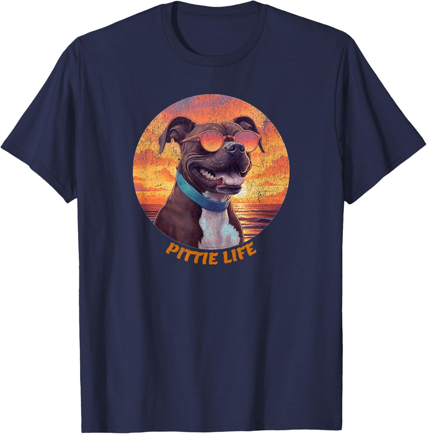 Cute Pittie Life, Pitbull Dog, Retro Sunset, Funny T-Shirt - T-Shirt | Navy
