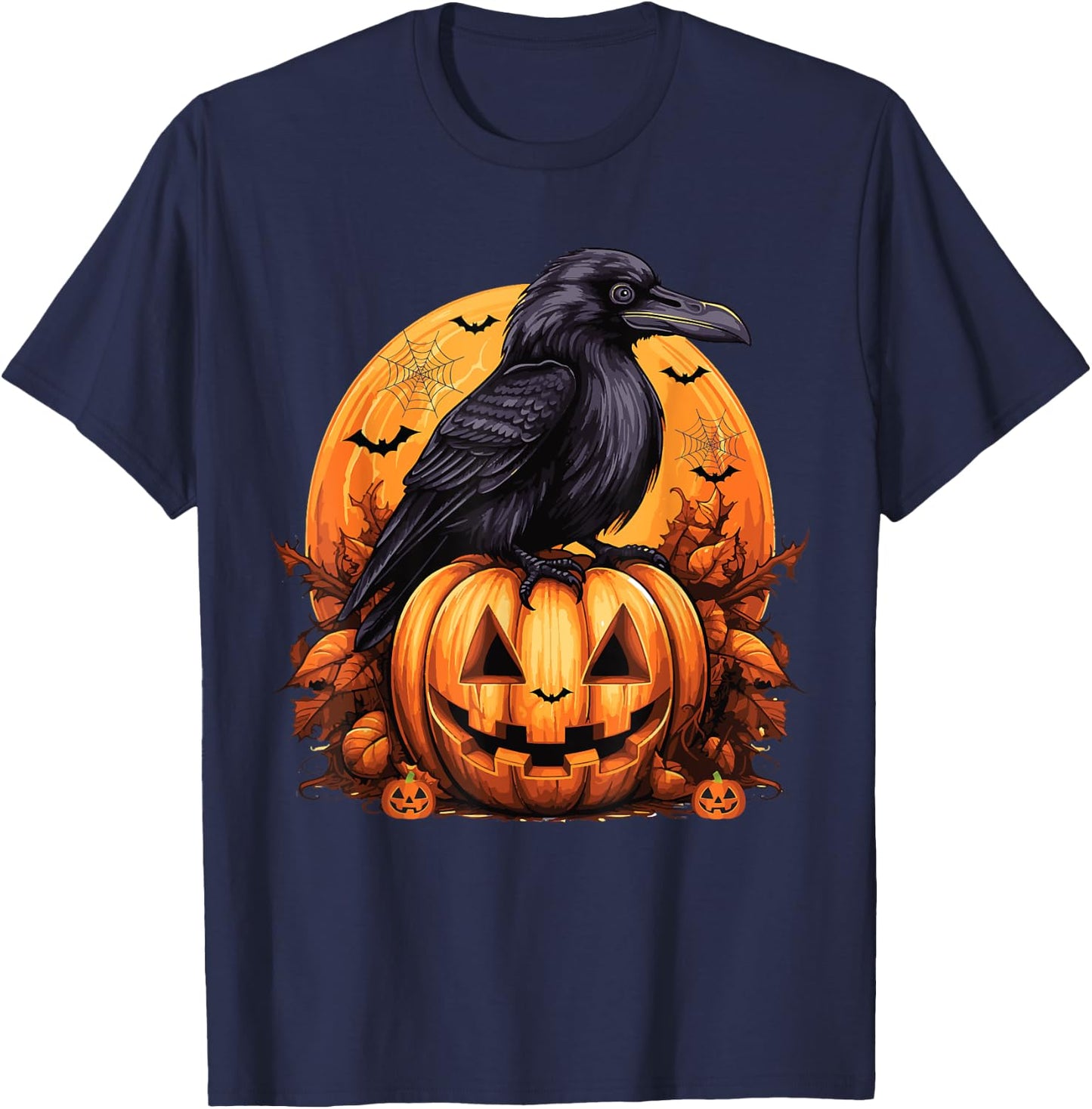 Crow Bird on Pumpkin Crow and Jack o lantern Halloween Party T-Shirt - T-Shirt | Navy