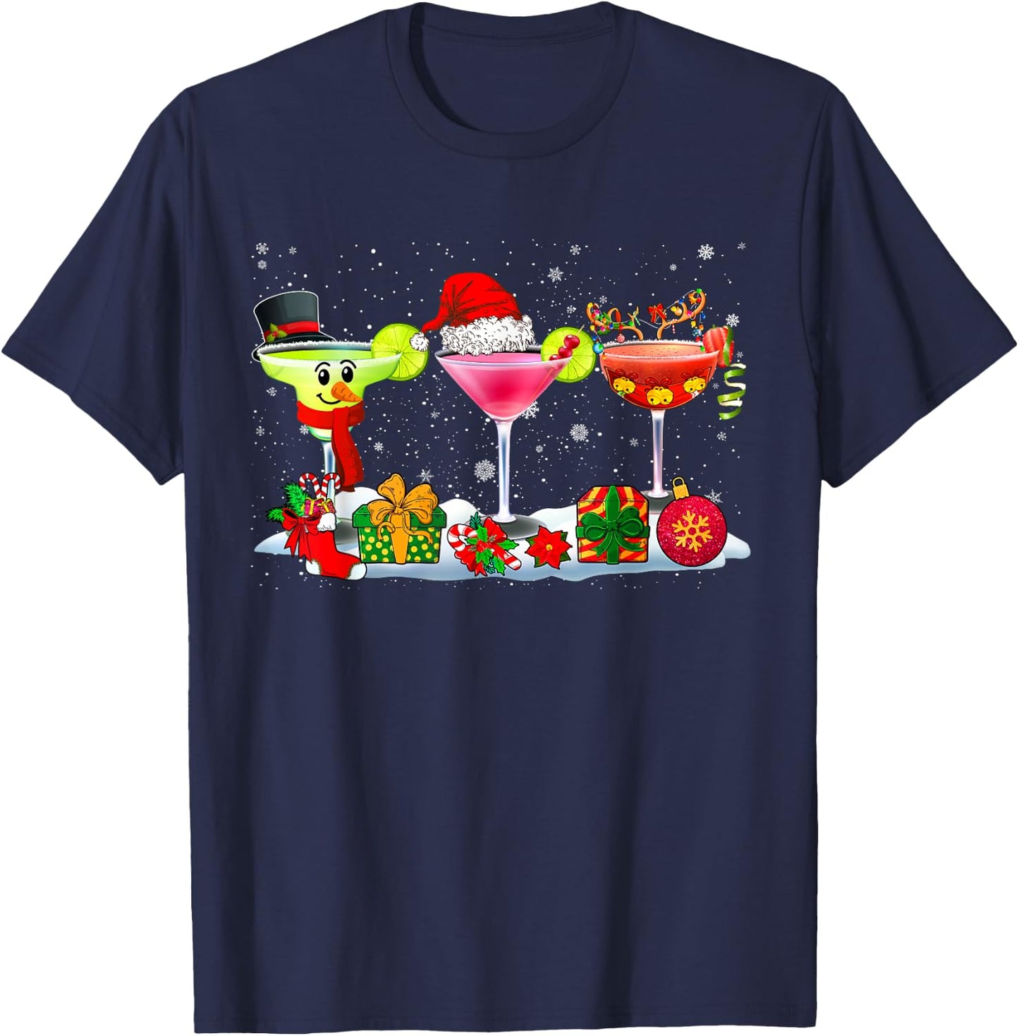 Three Santa Reindeer Snowman Glasses Of Cocktail Funny Xmas T-Shirt - T-Shirt | Navy
