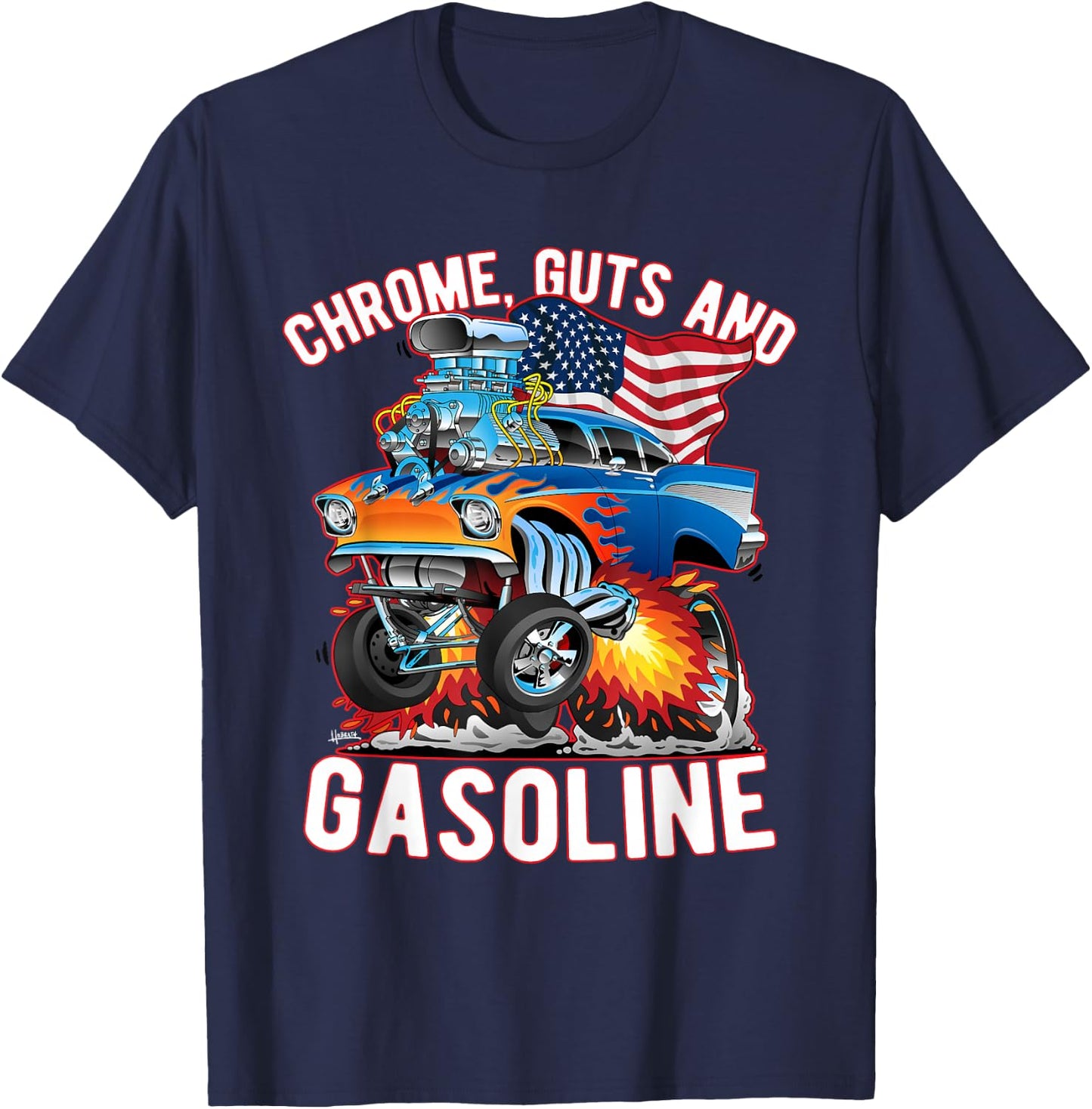 Jeff Hobrath Funny Chrome Guts and Gasoline Hotrod Car Cartoon Design - -Adults/Kids, Black, Short Sleeve, Small T-Shirt - T-Shirt | Navy