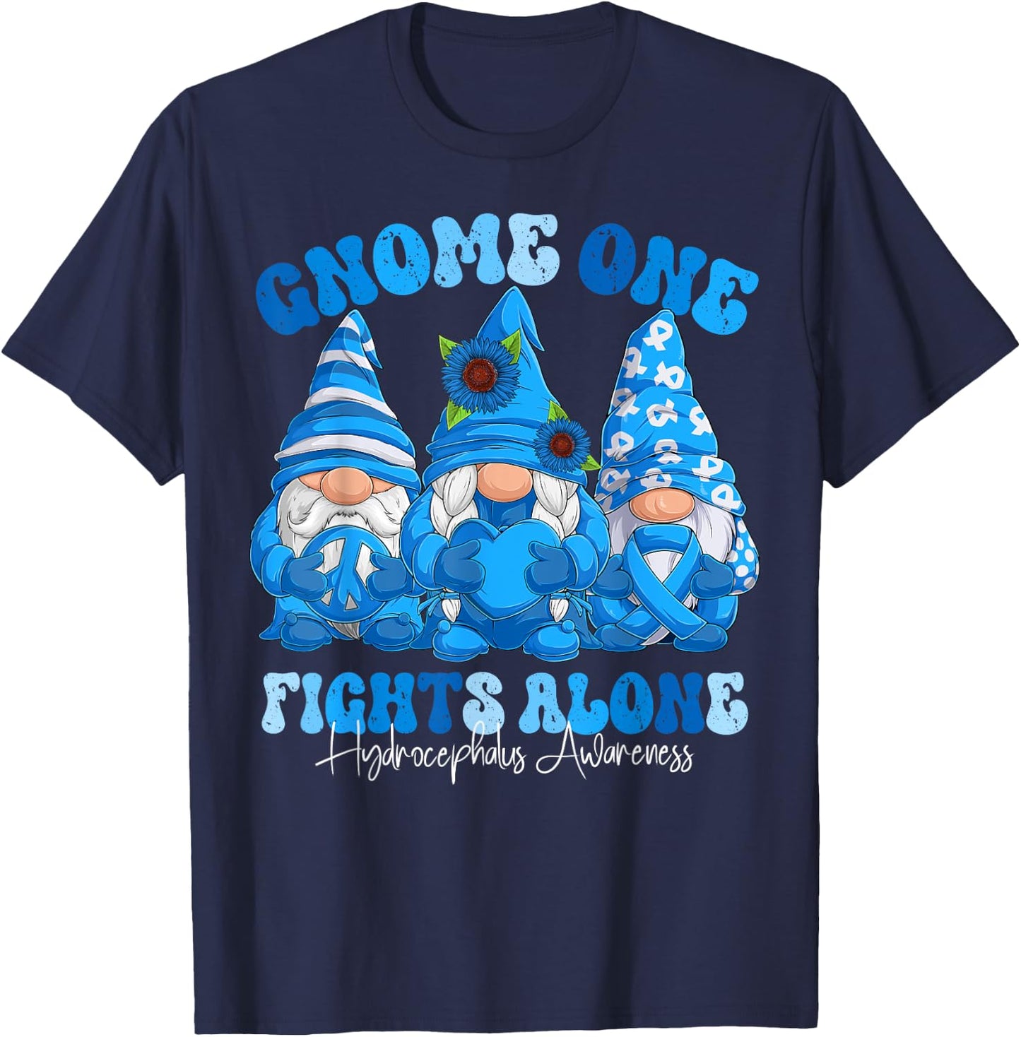 Hydrocephalus Awareness Month Blue Ribbon Gnomies T-Shirt - T-Shirt | Navy