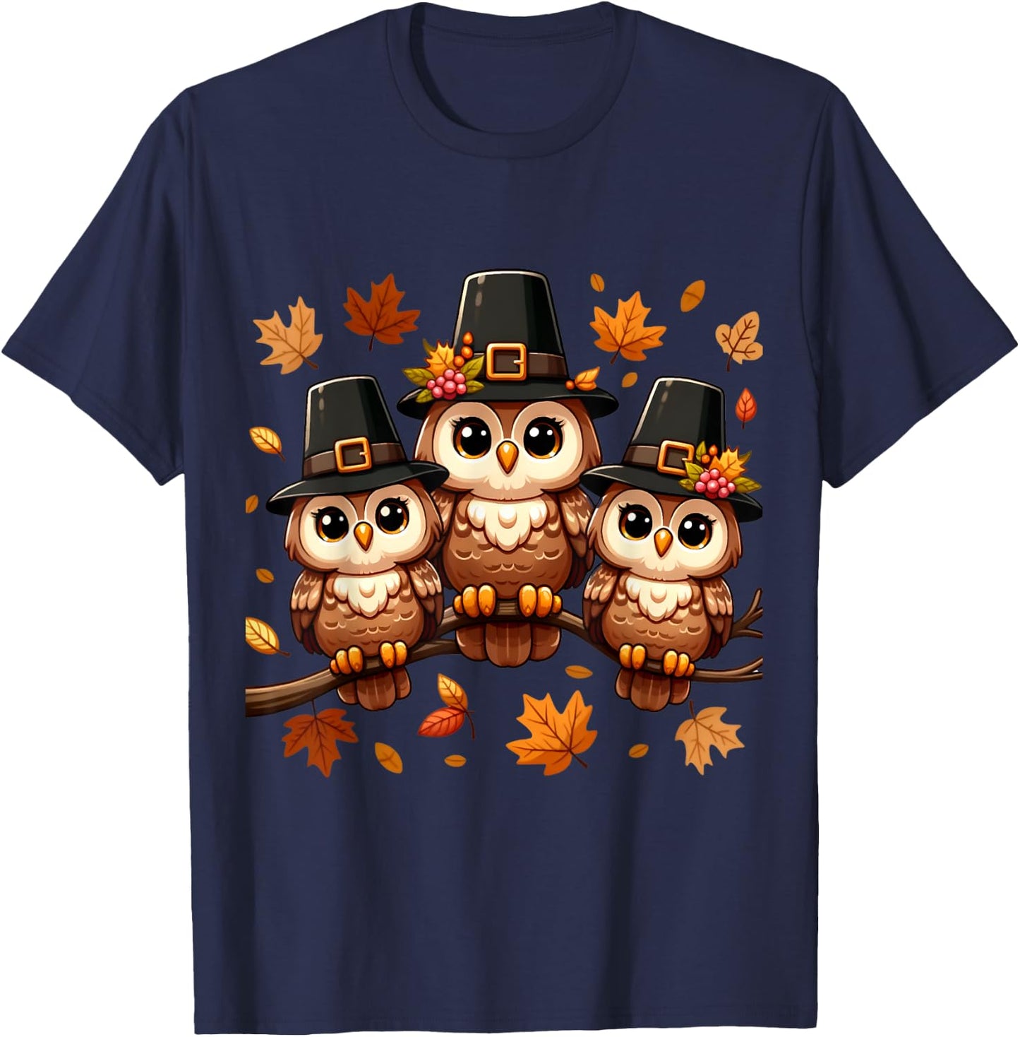 Pilgrim Owls on Autumn Perch Thanksgiving T-Shirt - T-Shirt | Navy