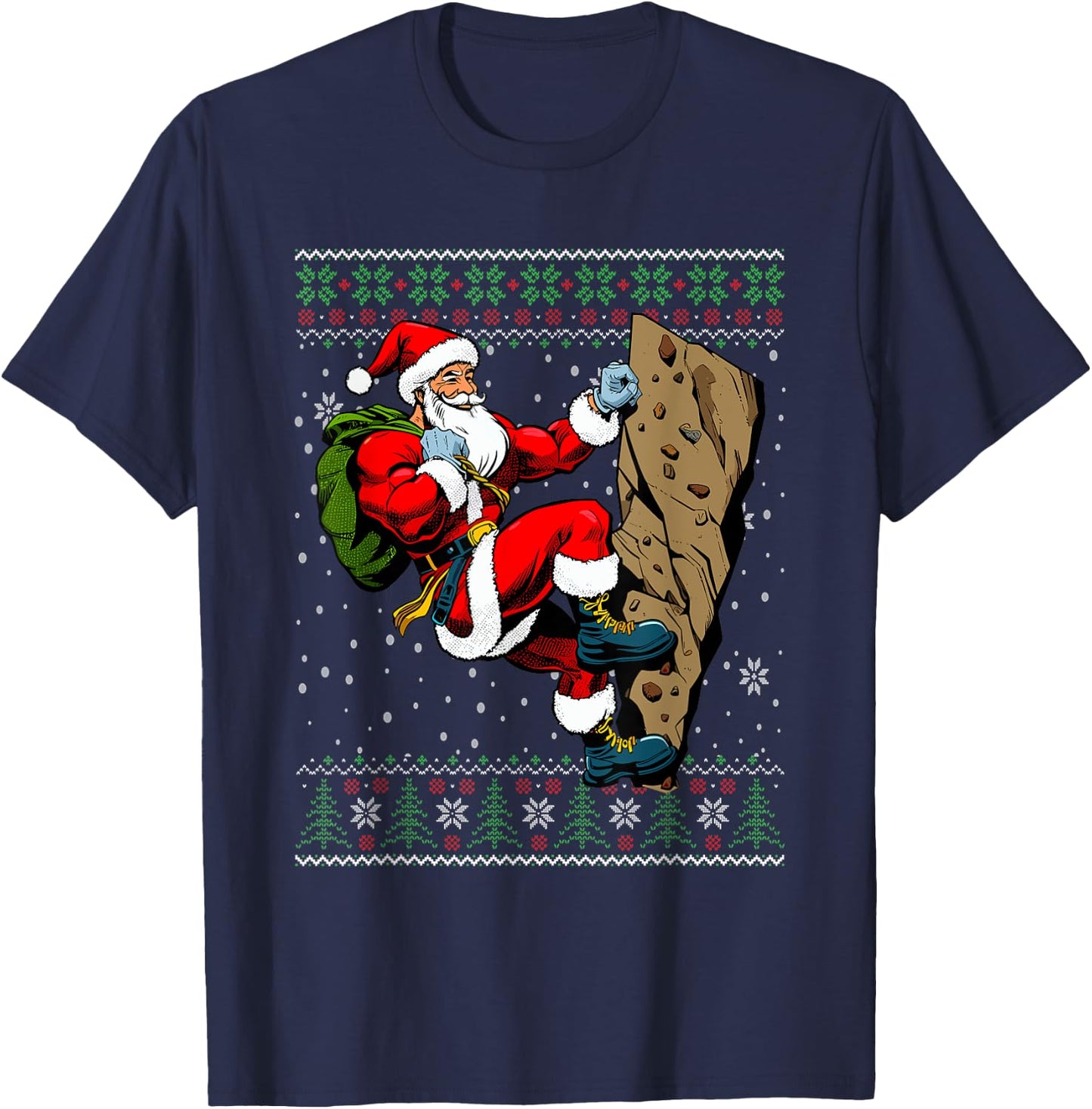 Christmas Santa Rock Climbing Ugly Christmas Sweater T-Shirt - T-Shirt | Navy