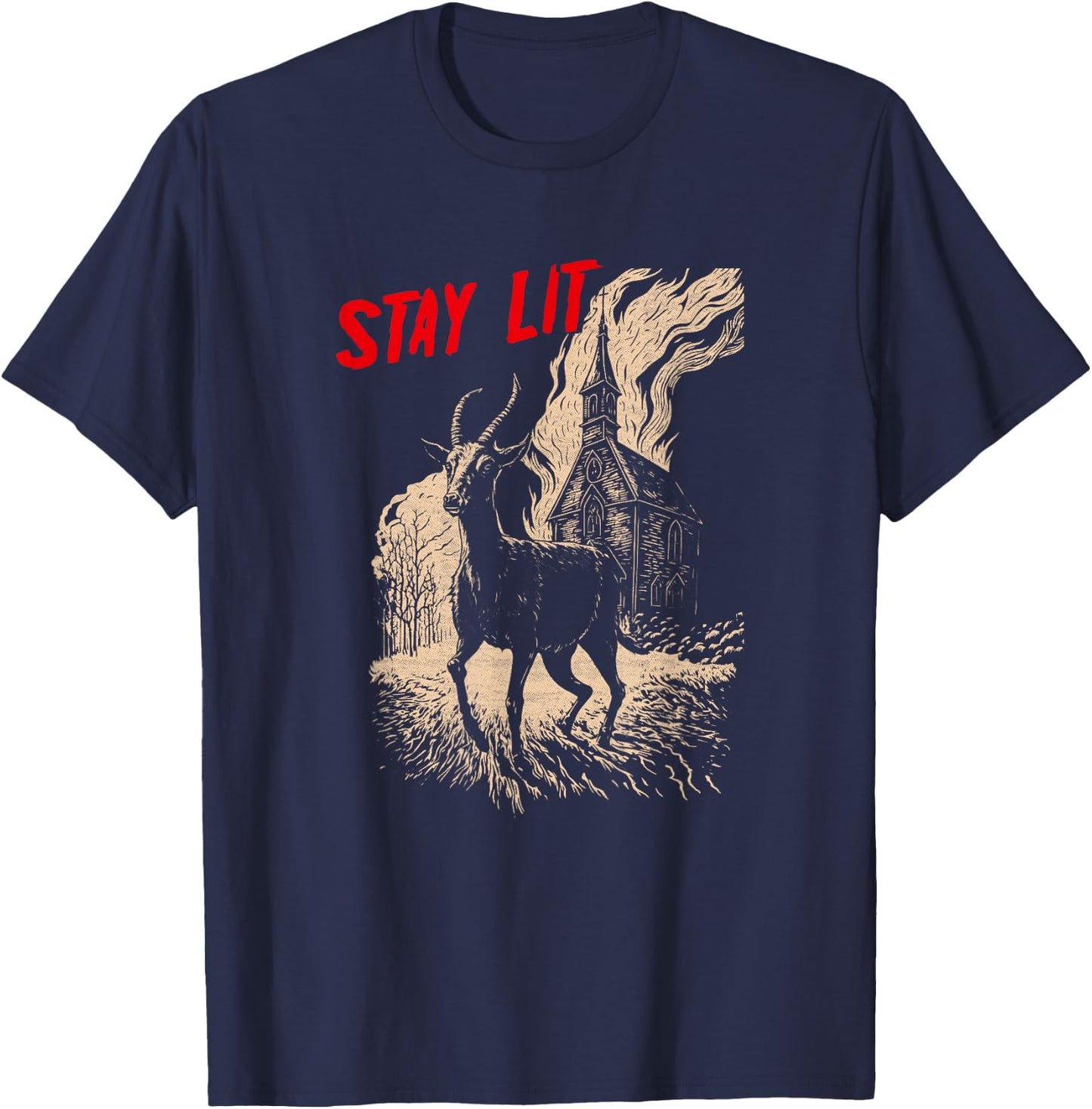 Occult Atheist Black Phillip Burning Church Stay Lit Satan T-Shirt - T-Shirt | Navy