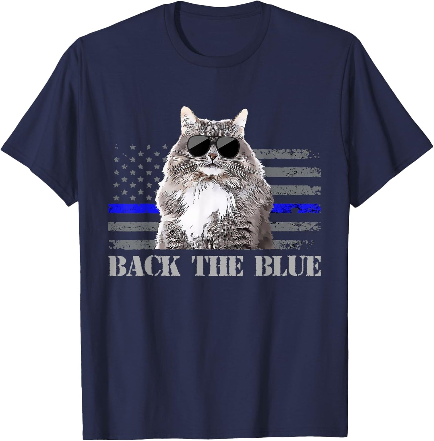 Back the Blue Police Cat Thin Blue Line American Flag Kids Men T-Shirt - T-Shirt | Navy