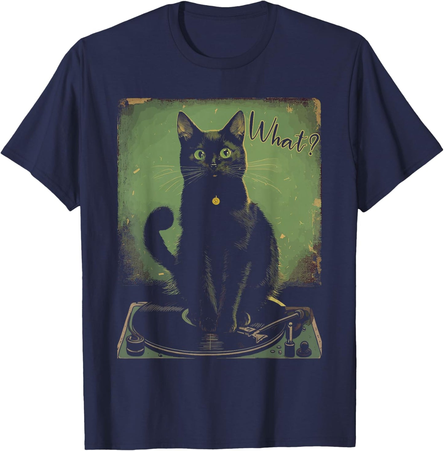 Black Cat Sitting On Vinyl Record Player Women Men T-Shirt - T-Shirt | Navy