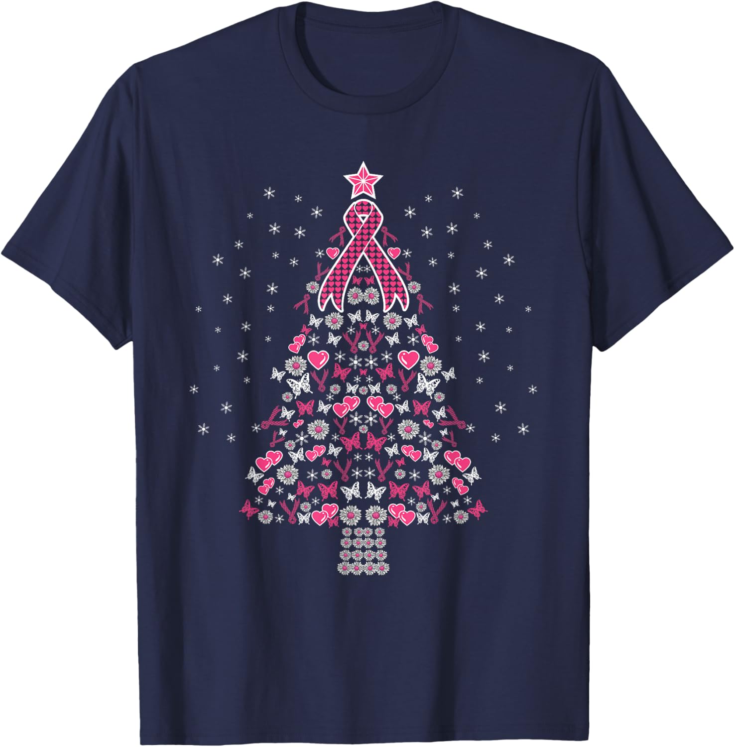 Breast Cancer Christmas Tree Breast Cancer Awareness T-Shirt - T-Shirt | Navy