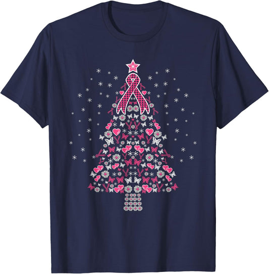 Breast Cancer Christmas Tree Breast Cancer Awareness T-Shirt - T-Shirt | Navy
