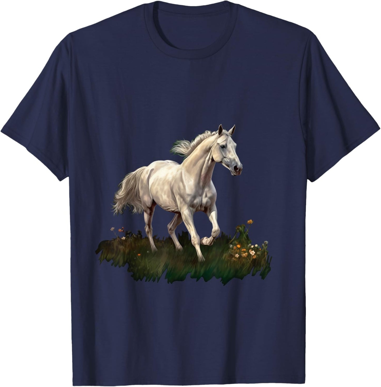 White horse style realistic painting on a meadow T-Shirt - T-Shirt | Navy