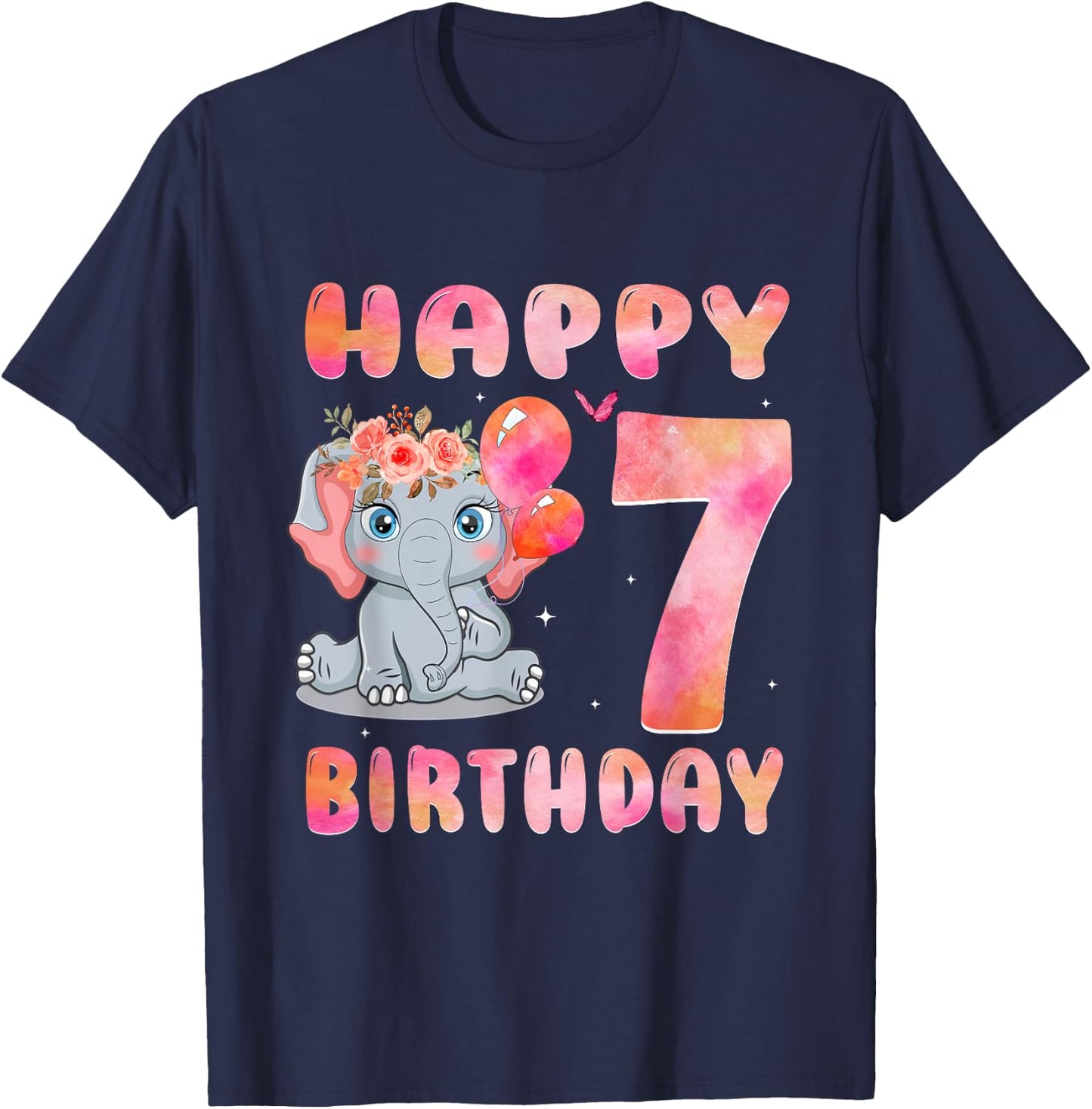 Happy Birthday 7th Elephant Girl Baby Kid 7 Year Old T-Shirt - T-Shirt | Navy