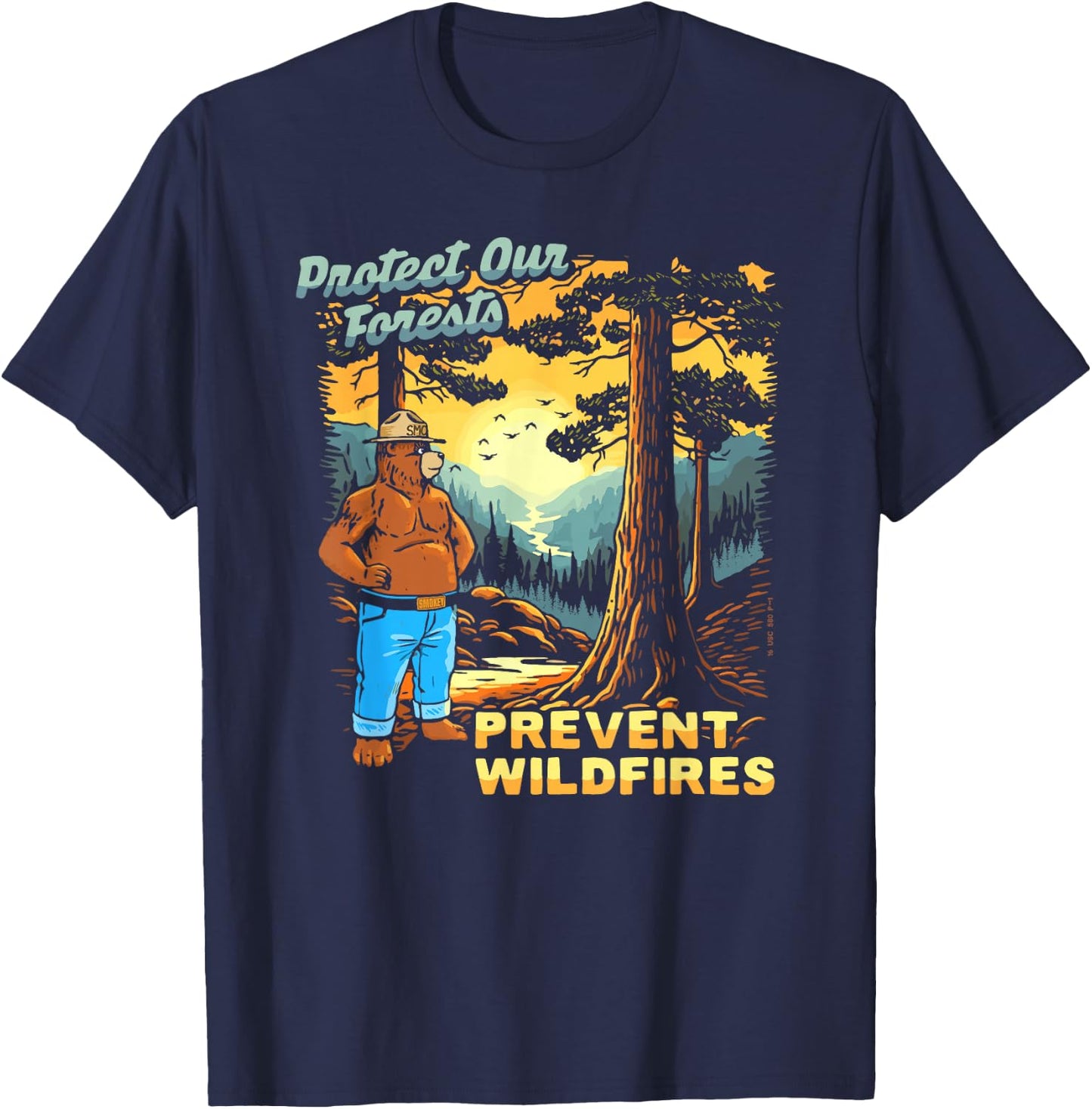 Smokey Bear Sunset Overlook - Protect Our Forests Retro Art T-Shirt - T-Shirt | Navy