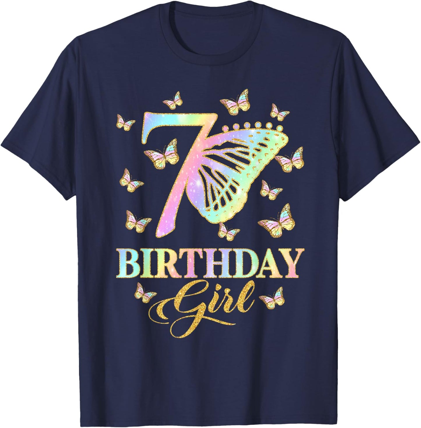 Butterfly 7th Birthday Outfit 7 Year Old Girl Kids Cute T-Shirt - T-Shirt | Navy
