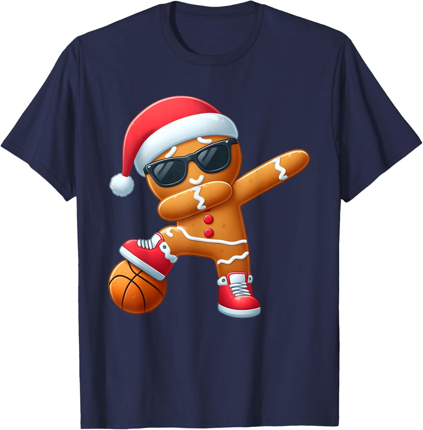 Christmas Dabbing Gingerbread Santa Hat Basketball Pajama T-Shirt - T-Shirt | Navy