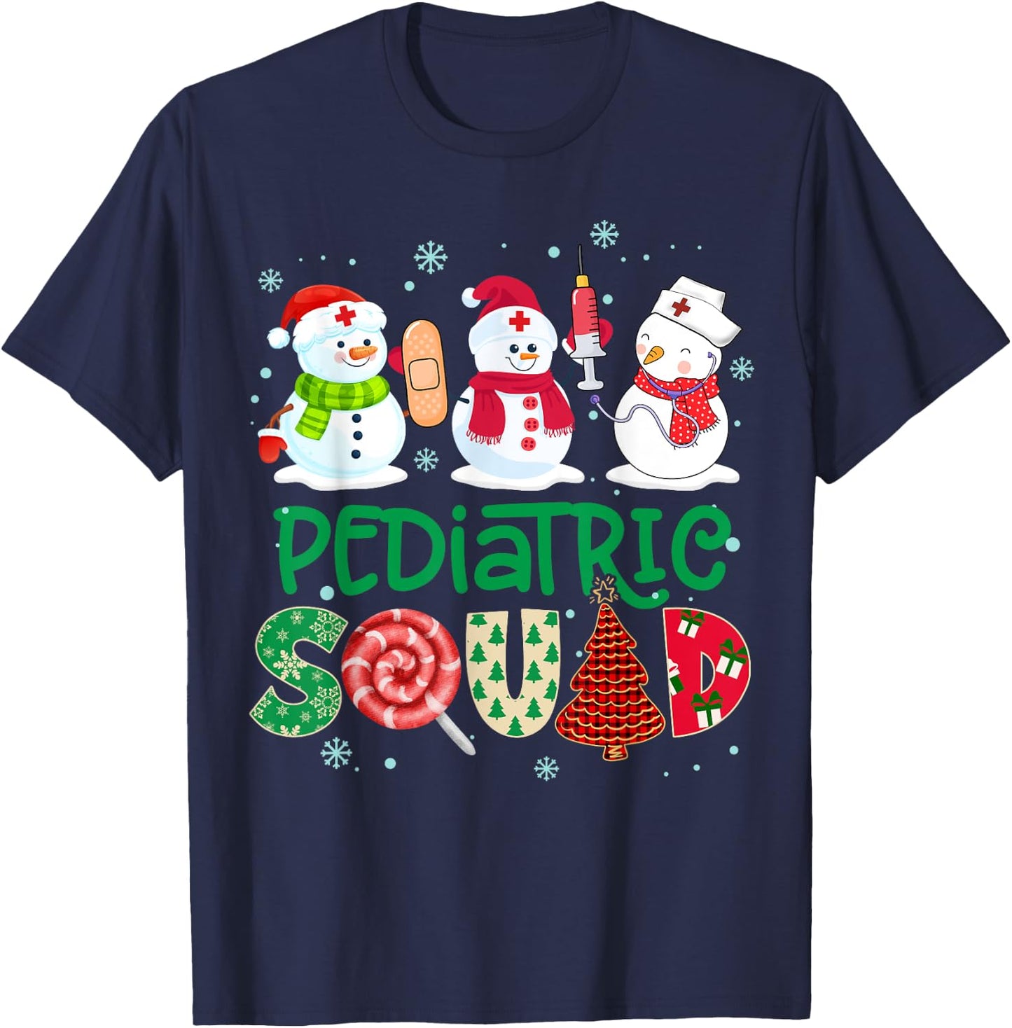 Pediatric Squad Nurse Snowmies Stethoscope Christmas Pine T-Shirt - T-Shirt | Navy
