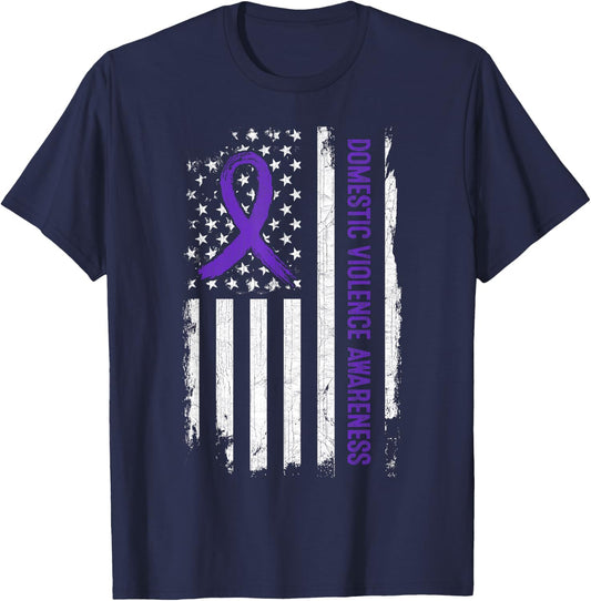 Domestic Violence Awareness American Flag - Purple Ribbon T-Shirt - T-Shirt | Navy