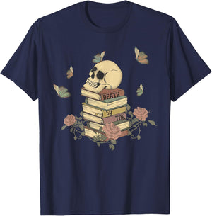 Funny Skull Roses And Butterfly Book Death By TBR Bookish T-Shirt - T-Shirt | Navy