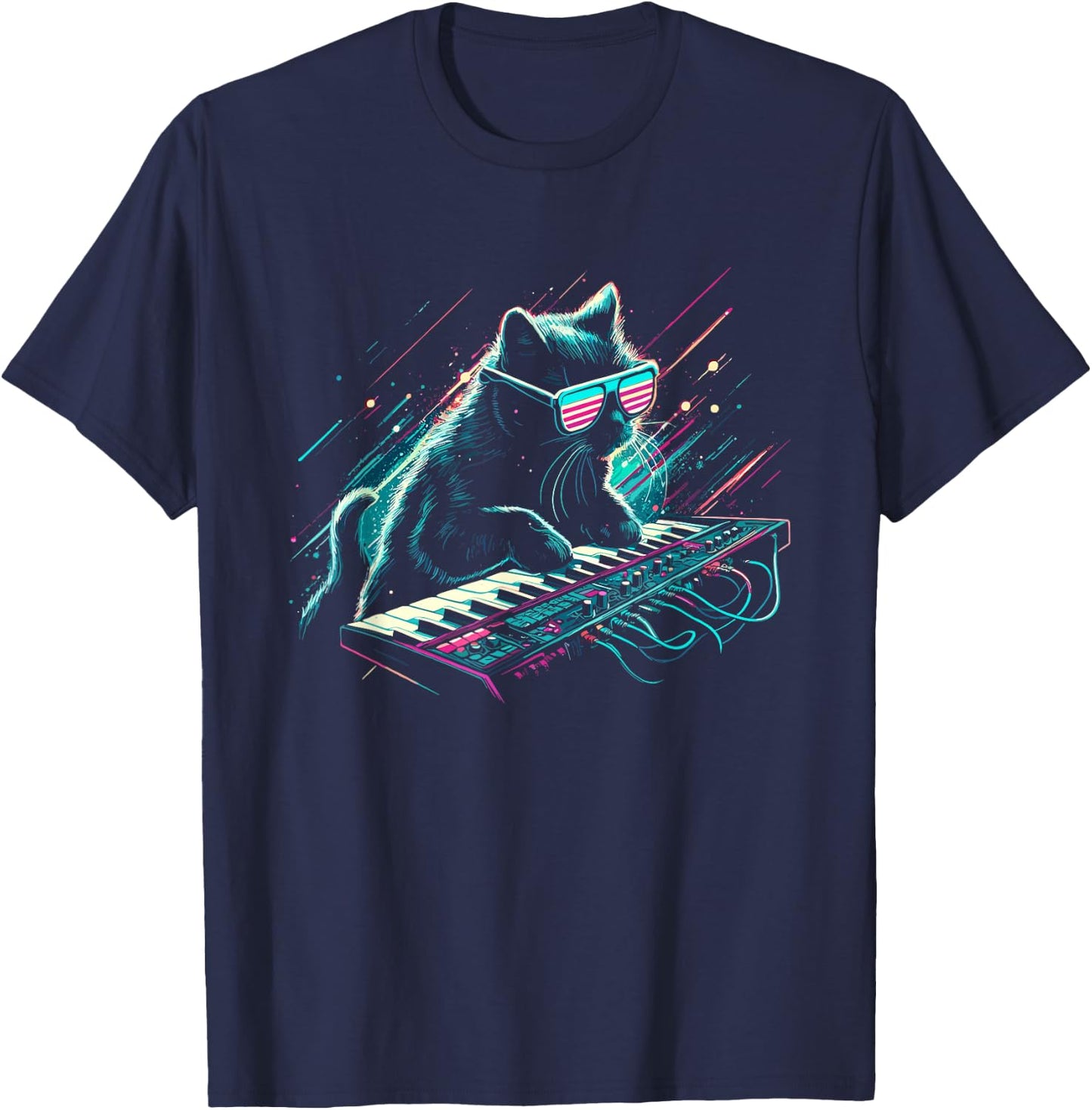 DJ Cat With Synthesizer - Funny Vintage 80s 90s Disco Cat T-Shirt - T-Shirt | Navy