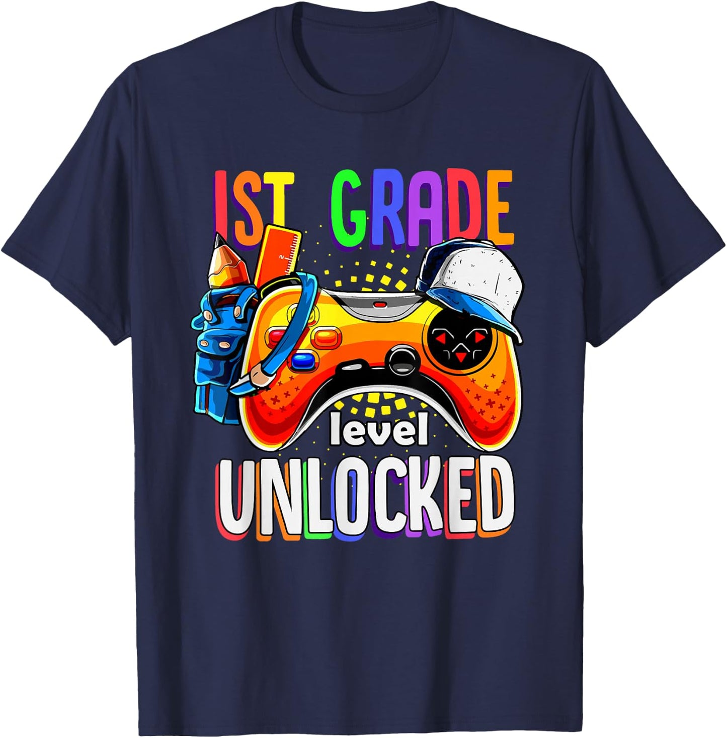 Gamer Back to School Gamepad 1st First Grade Level Unlocked T-Shirt - T-Shirt | Navy