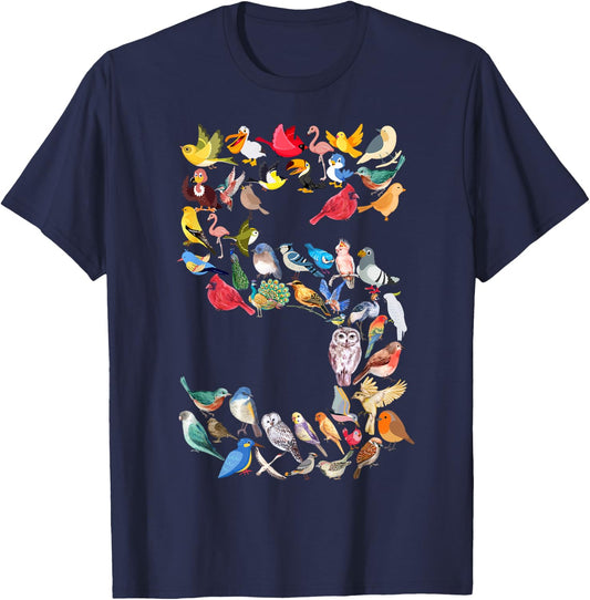 Kids 5th Birthday Birds Themed 5 Year Old Boys Bird Lover T-Shirt - T-Shirt | Navy
