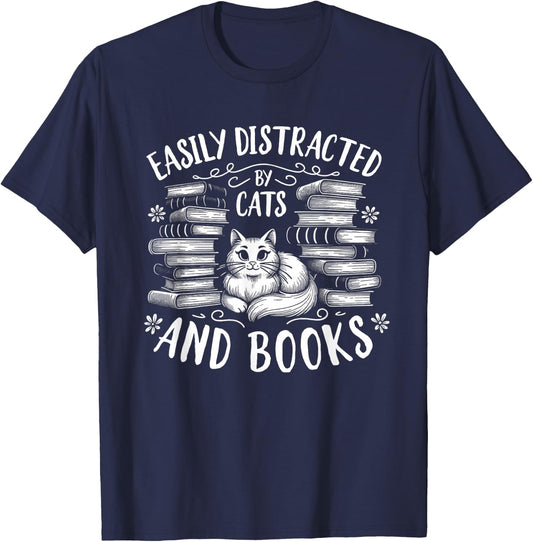 Easily Distracted by Cats and Books Cat Design Women Girls T-Shirt - T-Shirt | Navy
