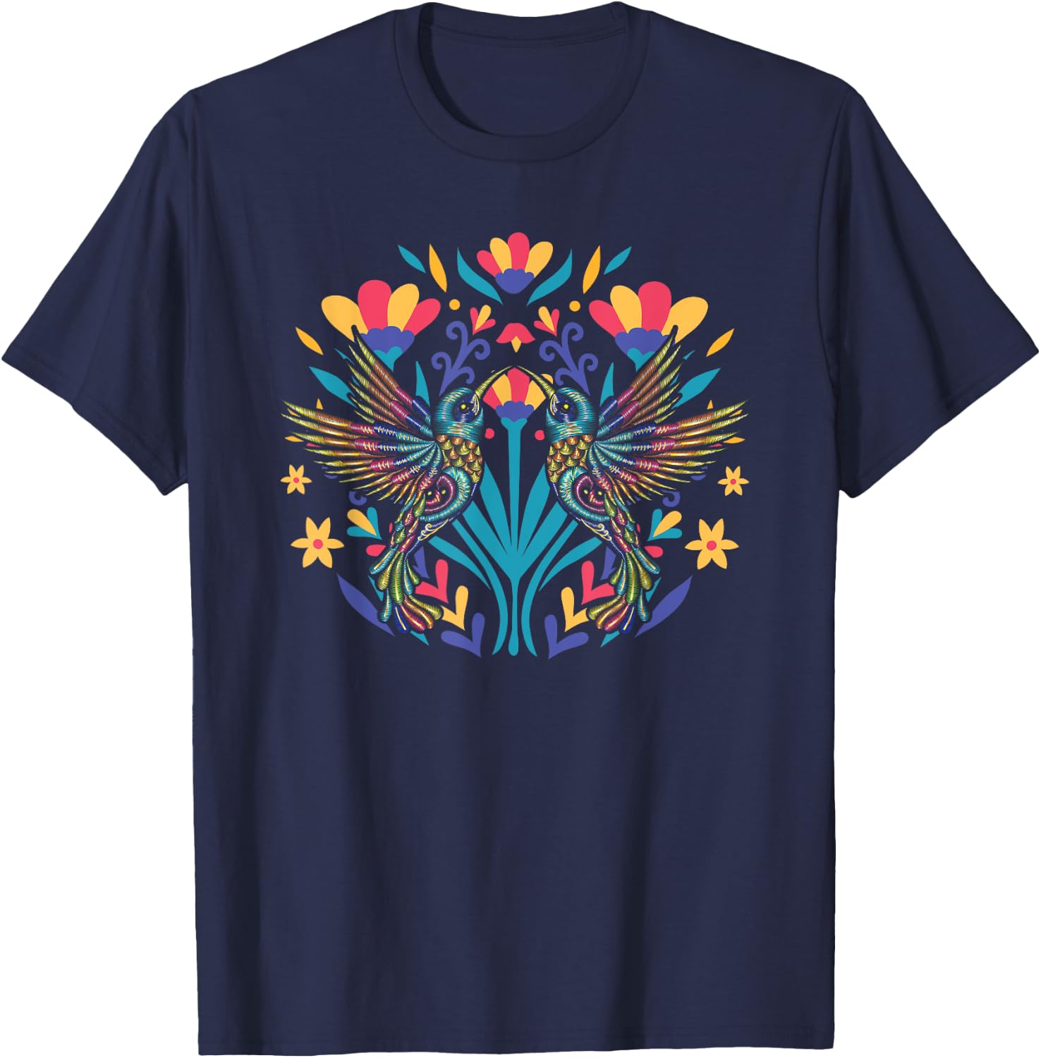 Floral Bird Otomi Mexican Embroidery Style Mexicano Mexicana T-Shirt - T-Shirt | Navy