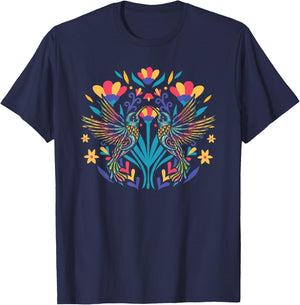 Floral Bird Otomi Mexican Embroidery Style Mexicano Mexicana T-Shirt - T-Shirt | Navy
