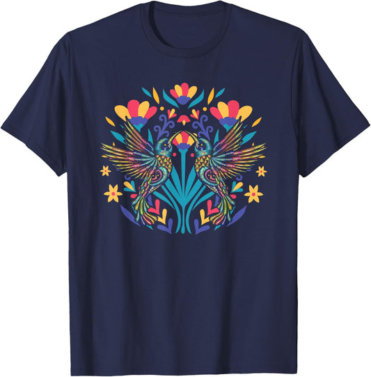 Floral Bird Otomi Mexican Embroidery Style Mexicano Mexicana T-Shirt - T-Shirt | Navy