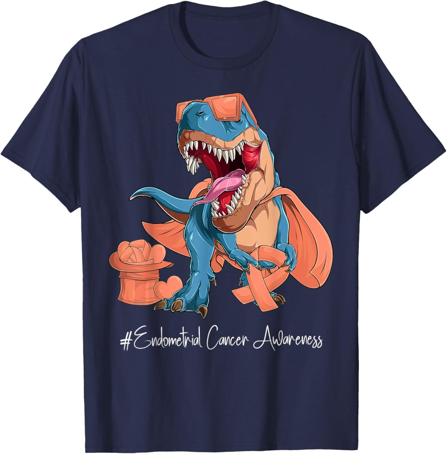 Endometrial Cancer Awareness Month Peach Ribbon Trex T-Shirt - T-Shirt | Navy