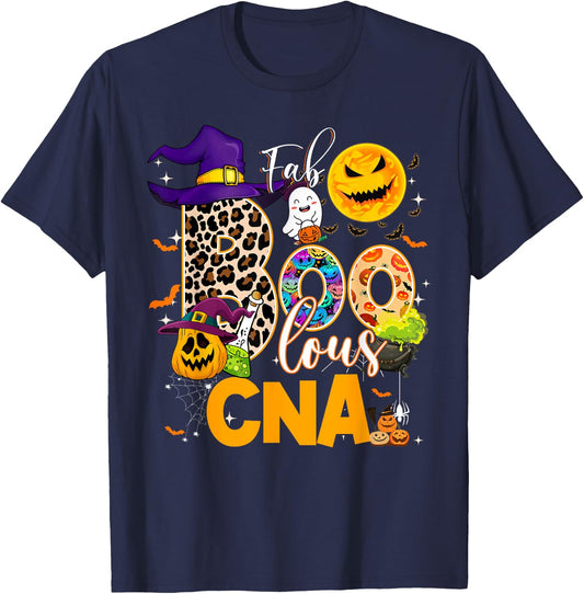 Fab Boo Lous CNA Nurse Nursing Halloween Leopard Pumpkin T-Shirt - T-Shirt | Navy